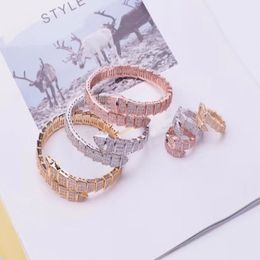 Luxury Fashion Brand Jewellery Sets Lady Brass Full Diamond Single Wrap Serpent 18K Gold Open Wide Bracelets Rings Sets (1Sets) 3 Color5659038