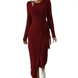 Casual Dresses Women Fall Winter Dress Hollow Out Wrap Lace Up Waist Round Neck Irregular Hem Long Sleeve Solid Colour Knitted Elastic