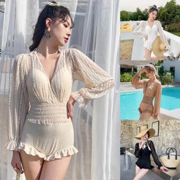 Summer Fresh Sweet Long Sleeve Swimwear Women Deep V Neck Ruffled Sundress Beachwear Vacation Tie Waist Skinny Bathing Suits