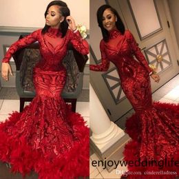 Red Mermaid African Prom Dresses 2019 Vintage Feather Long Sleeve Floor Length Sequined High Neck Formal Evening Dress Party Gowns BC13 251c