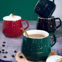 Mugs European Ceramic Coffee Mug With Lid And Spoon Creative Star Starry Large Capacity Breakfast Milk Porcelain Office Tea Cup