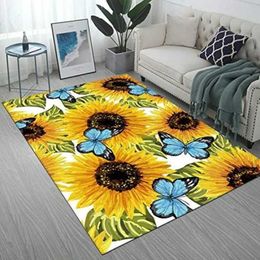 Carpet Beautiful sunflower carpet and blue butterfly pattern area modern flannel ultra-fine fiber anti slip floor mat living room H240514