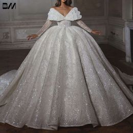 Modest Ball Wedding Pearls Beading Bridal Gown Shiny Floor-length Bride Dresses Vestidos De Novia