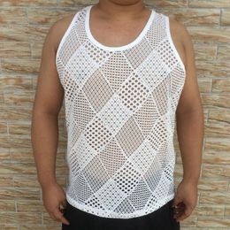 Men's Tank Tops 2024 Summer Sexy Perspective O-Neck Patchwork Solid Colour Hollow Out Chequered Comfortable All-match Sleeveless
