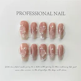 Party Favour 10 Pieces Handmade Press On Nails Luxury Autumn Winter Camellia Rose Pearl Decor Sweet Girl Artificial Nail Art Full Cover Tips