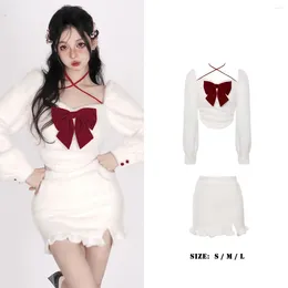 Work Dresses Winter Bow Kawaii Y2k Two Piece Set Women Casual Sweet Coat Mini Skirt Suit Female Korean Fashion Designer Warm Cute 2024