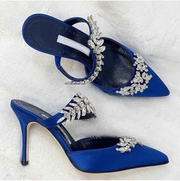 Famous Brand Lurum Sandals Shoes Women Mules Leaf Crystal-embellished Satin High Heels Strappy Lady Slippers Sexy Pointed Toe Pumps EU35-43 Box #0606