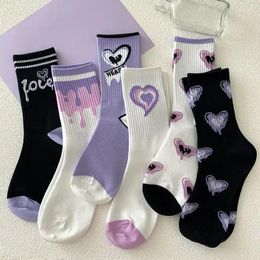 Women Socks 1 Pairs Cotton Purple Print Middle Tube Sock American Hip Hop Street Wear Kawaii Skateboard Sports