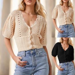 Women's Knits Casual Cropped Sweater For Women Hollow V Neck Short Sleeve Cardigan 2024 Spring Fashion Lady Chic Tops