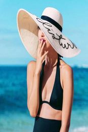 Women Foldable Floppy Letters Sequin Embroidery Straw Sun Hat Summer Wild Large Brim With Ribbon Trim Beach Cap UV Protection8254666