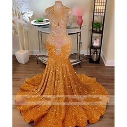 Sparkly Gold Sequined Mermaid Prom Dresses For Black Girls Sheer Crew Neck Rhinestones Formal Party Dress Beaded Evening Gowns 0514