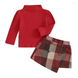 Clothing Sets Kids Girls Skirt Set Long Sleeve Turtleneck T-shirt With Irregular Plaid 2-piece Outfit