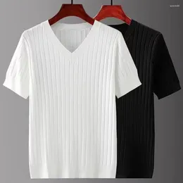 Men's T Shirts Men T-shirt Solid Colour Top Ice Silk Knitted Short Sleeves V Neck Loose Thin Elastic Striped Casual Pullover Daily Tops