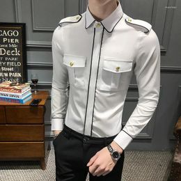 Men's Casual Shirts Spring Long Sleeve Social Front Pocket Slim Fit Shirt Dress Night Club Blouse Homme Plus Size Men