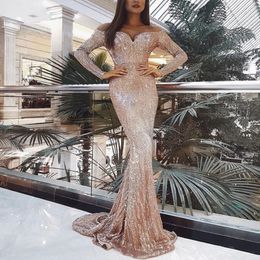 2021 Gold Evening Dresses Jewel Neck Beaded Sequined Lace Long Sleeve Mermaid Prom Dress Sweep Train Custom Illusion Robes De Soiree 298S