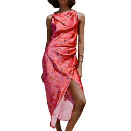 Womens Flower Printed Long Skirt Silk Satin Pleated Front Split Style Sleeveless Dress 240514