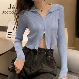 Women's Blouses Shirts Fashion Black Ribbed Zip-up Cardigans Casual Turn-down Collar Long Slve Spring Autumn Sweater Sexy Cropped Tops Knitting Coat Y240510