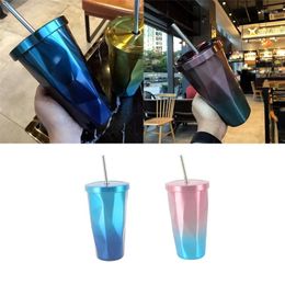 Cups Saucers 50LB Set Of 1 Stainless Steel Tumbler With Straw And Lid Double Wall Drinking Cup Coffee Mug 500ml Irregular Diamond 4 Colors