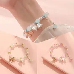 Link Bracelets Flower Shape Metal Bowknot Charm Beaded Stretch Bracelet Pink Opal Round Beads Green Spacer Cute Girls Elastic