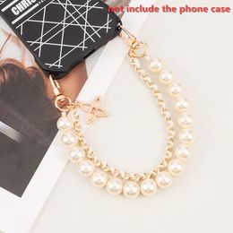 Pearl Beaded Phone Wrist Strap, Anti Lost Stainless Steel Phone Chain Lanyards Double Chains Hand Wrist Straps with Tether Tabs for Women Mobile Phone