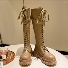 Boots Lace Up Flat Platform Boots-Women Luxury Designer Winter Footwear Round Toe Sexy Thigh High Heels Autumn Shoes C
