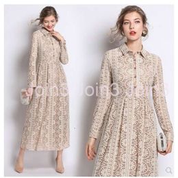 New design womens turn down collar long sleeve high waist crochet lace hollow out fashion maxi long big expansion dress vestidos