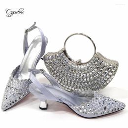 Dress Shoes Silver Women Stones And Bag Set African Ladies High Heels Pumps With Handbag Clutch Escarpins Femme Sandales CR843