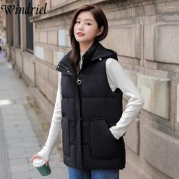 Women's Vests Windriel Autumn And Winter Fashion Vest Coat Hooded Students Solid Waistcoat Big Pockets Sleeveless Jackets Snow Wear S-3XL