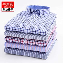 Men's Dress Shirts New Cotton Non Ironing Casual Mens Long Slved with Wrinkle Resistance Slim Fit Checkered Stripe Shirt Formal Work Clothes Y240514