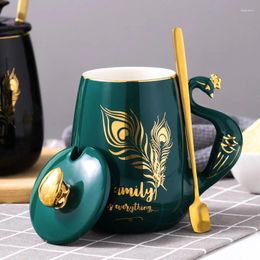 Mugs 1 Set Peacock Cup With Spoon Lid Travel Coffee Mug Water Bottle 450ml Friend Birthday Valentine's Day Gift