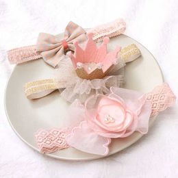 Hair Accessories 3Pcs/lot Pink Flower Bow Baby Headband Lace Crown Bowknot Infant Girls Elastic Hair Bands Newborn Headwear Kids Hair Accessories