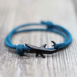 Charm Bracelets Noter New Shark Bracelet Unisex Double Layer Adjustable 3mm Cord Chain Braclet Beach Jewelry Accessories Surfer Braslet Pulsera Y240510