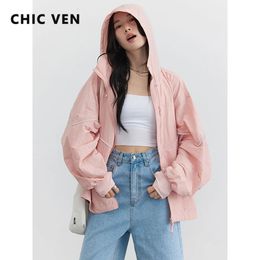 CHIC VEN Women Jackets Loose Casual Hooded Coat Long Sleeve Ladies Tops Streetwear Female Sunscreen Clothing Summer 240506