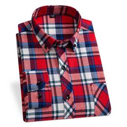 Men's Dress Shirts Flannel Smart Dress Shirts For Man New Arrival Classic Plaid Long Slve Button Up Front Pocket Winter Warm Mans Casual Shirt Y240514