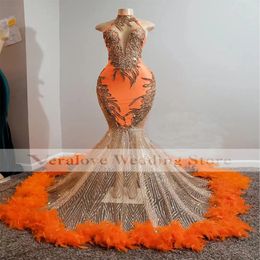 Newly Orange Mermaid Prom Dress With Feathers 2022 Sequins Top Beading Evening Gowns For Women Party 226O