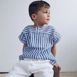 Boys Striped Shirt Loose Cotton Linen Summer Thin Solid Top O-Neck Button Clothes Beach Vacation Party Casual Kids Clothing 240512