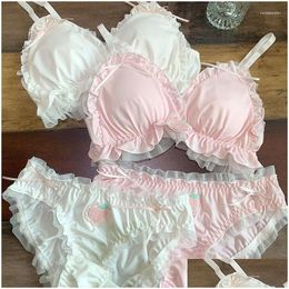 Bras Sets Japanese Korean Female Peach Ruffled Underwears Milk Silk Sweet Cute Lingerie French Girls Unwired Thin Bra Panty Set Drop Dhtqq