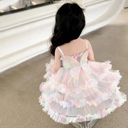 Girl Dresses Summer Girls' Princess Party Birthday Dress Back Bow Wing Fairy Strap Embroidered Butterfly Mesh For Toddler Girls 2-7Y