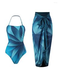 Women's Swimwear Elegant Blue Leaf Printed One Piece Swimsuit Woman 2024 Fashion High Waisted Hanging Neck French Covered Belly Bikini