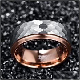 Wedding Rings Wedding Rings Jewellery Vakki 8Mm Wide Tungsten Carbide Ring Side Step Rose Gold Plating Surface Hammered Steel Men Engage Dhqnl