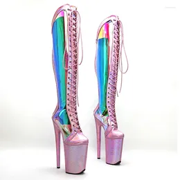 Boots Leecabe 23CM/9inches Snake Pink Holographic Upper Knee High Heel Platform Boot Pole Dance 5B
