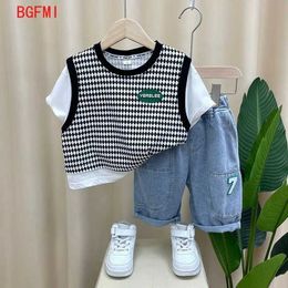 Clothing Sets Summer Boys Clothing Set Baby Plain Short Sleeve Patch Work T-shirt+Pants Boys Set 2 Pieces Childrens and Boys Clothing 2-12 Year Set d240514