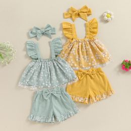 Clothing Sets Summer Born Baby Girl Floral 3Pcs Clothes Mesh Sleeve Tank Tops And Bow Elastic Waist Shorts Headband Outfits Set