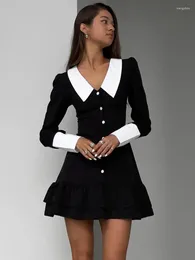 Casual Dresses TARUXY High Waist Women's Evening Dress Retro Splice Long Sleeve Turn Collar Folds Mini Woman Party Wedding Women