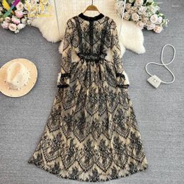 Casual Dresses Elegant Black Lace Long-sleeved Stand-up Collar Slim A-line Long Maxi Dress Prom Formal Party