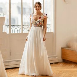 A-Line Wedding Dresses 2024 V Neck Embroidered Lace Flowers Tulle Bride Party Dress Sleeveless Colorful Floral Backless Vestido De Noiva