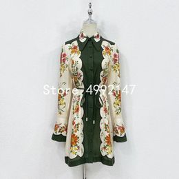 Casual Dresses Linen High Quality Floral Printed Holiday Beach Mini Women Turn Down Collar Single Breasted Belt Dress