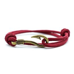 Charm Bracelets Vintage Fish Hook Man Bracelets Accessories Male Double Layer Lucky Wine Red Braslet Braided Braclet Adjustable Gift For Him Y240510