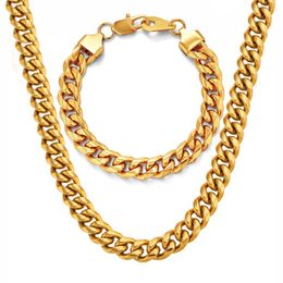 Necklace Earrings Set Gold Colour Stainless Steel 10mm Width Heavy Cuban Link Chain Bracelets For Men Fashion Party Wedding Gift