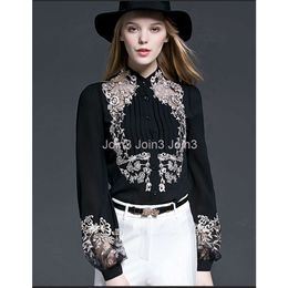 European fashion design new womens stand collar embroidery floral hollow out gauze patchwork long sleeve blouse shirt